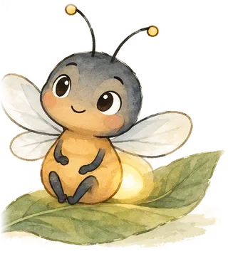 Lumi the firefly sitting on a leaf