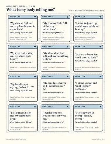 Lumi's Lantern Path printable: body clue cards page